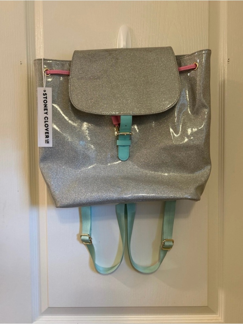 Stoney Clover Lane Silver Glitter Backpack with Mint and Pink Accents